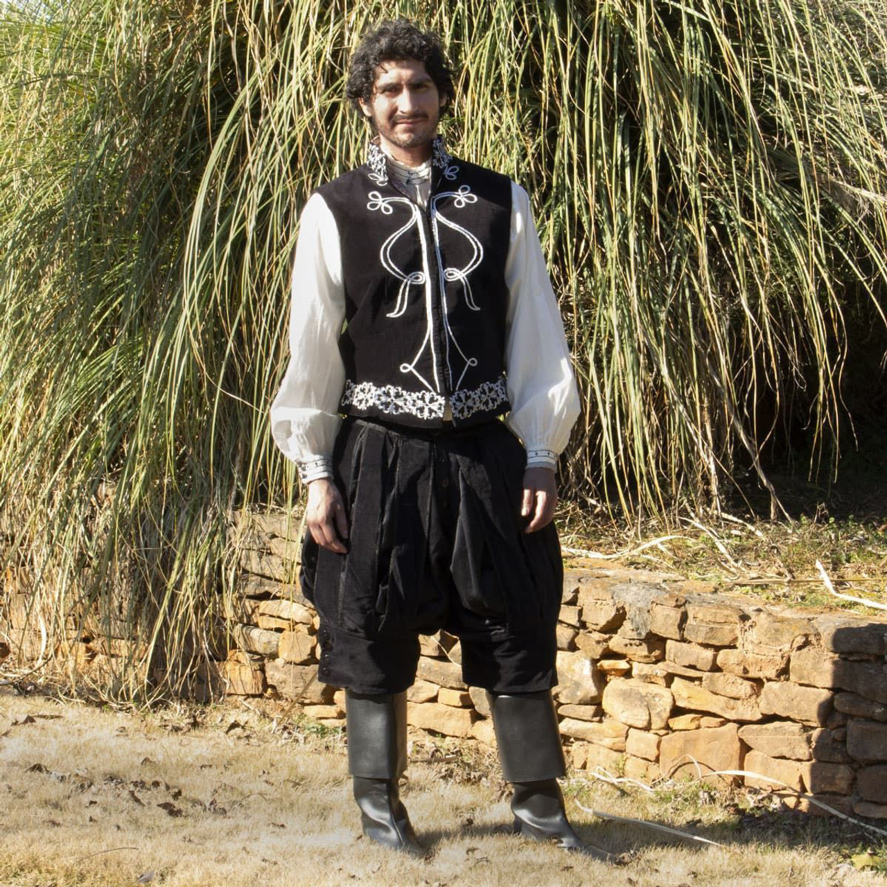 black cotton Renaissance breeches with velvet slash panels shown with Legend vest and Nottingham Shirt