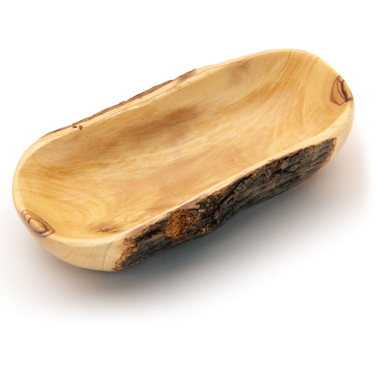 Olive Wood Rectangular Bowl hand carved in Bethlehem from a single piece of wood with bark left on the sides