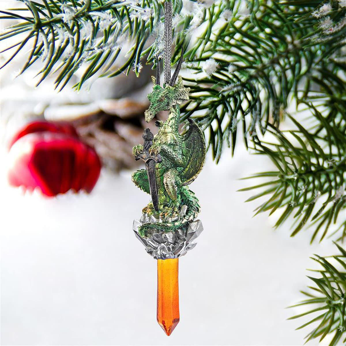 Cicles Gothic Dragon Resin Holiday Ornament hand-painted in metallics with silver cord hanger