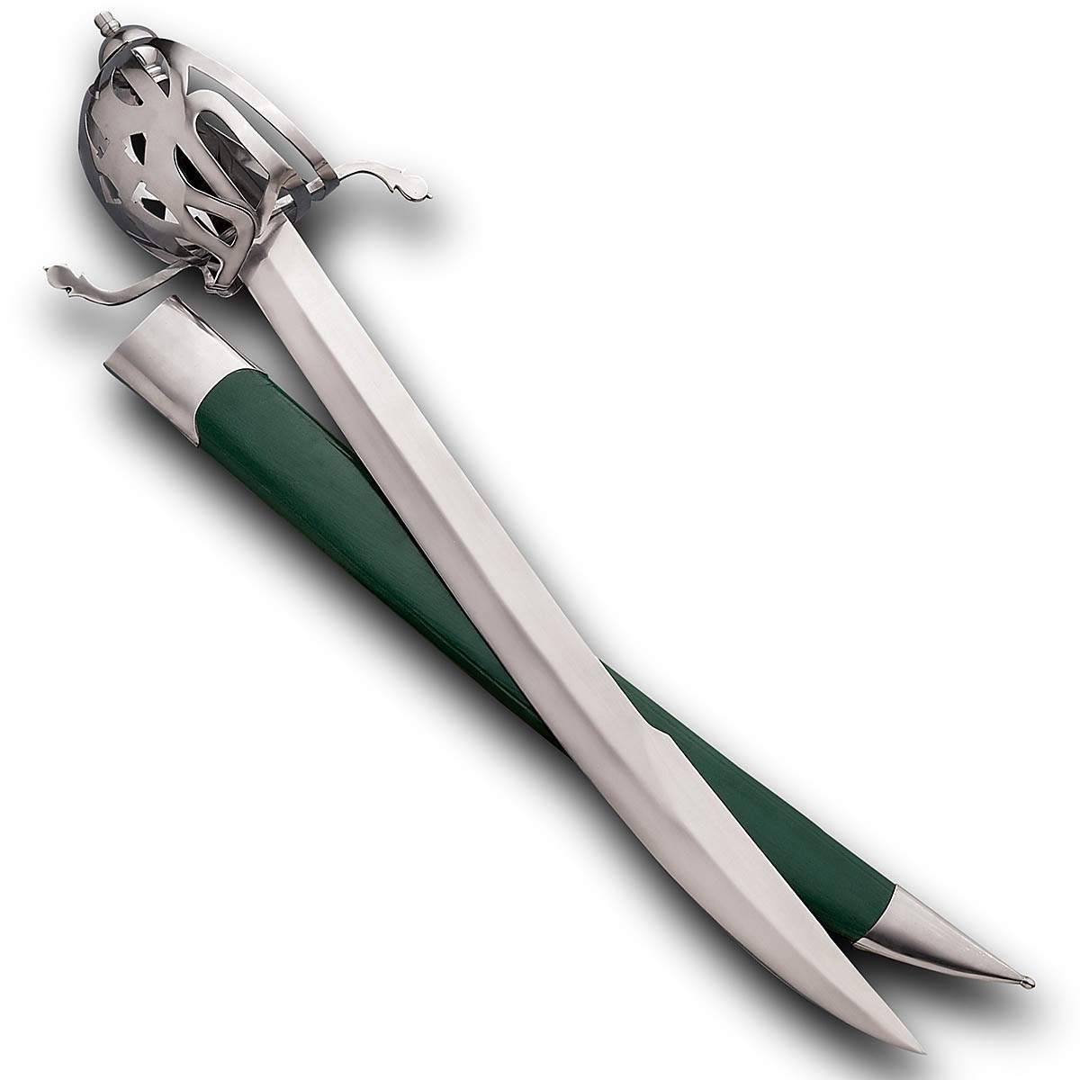 Scottish Basket Hilt Cutlass with Green Leather Scabbard