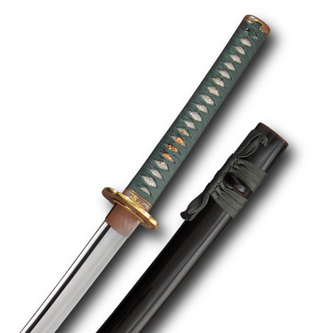 Praying Mantis Katana by Paul Chen / Hanwei with silk dyed green cord wrap, L6/Bainite blade steel blade and brown lacquered saya