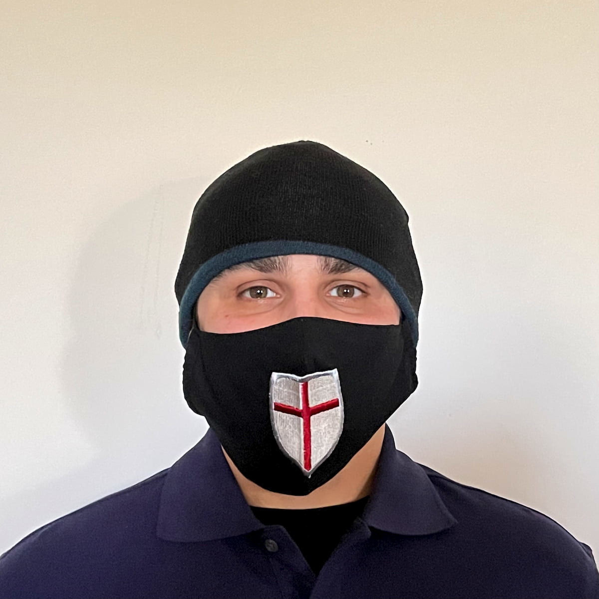 Black Cotton Face Mask with silk embroidered Crusader Shield, adjustable straps and pocket for disposable filter