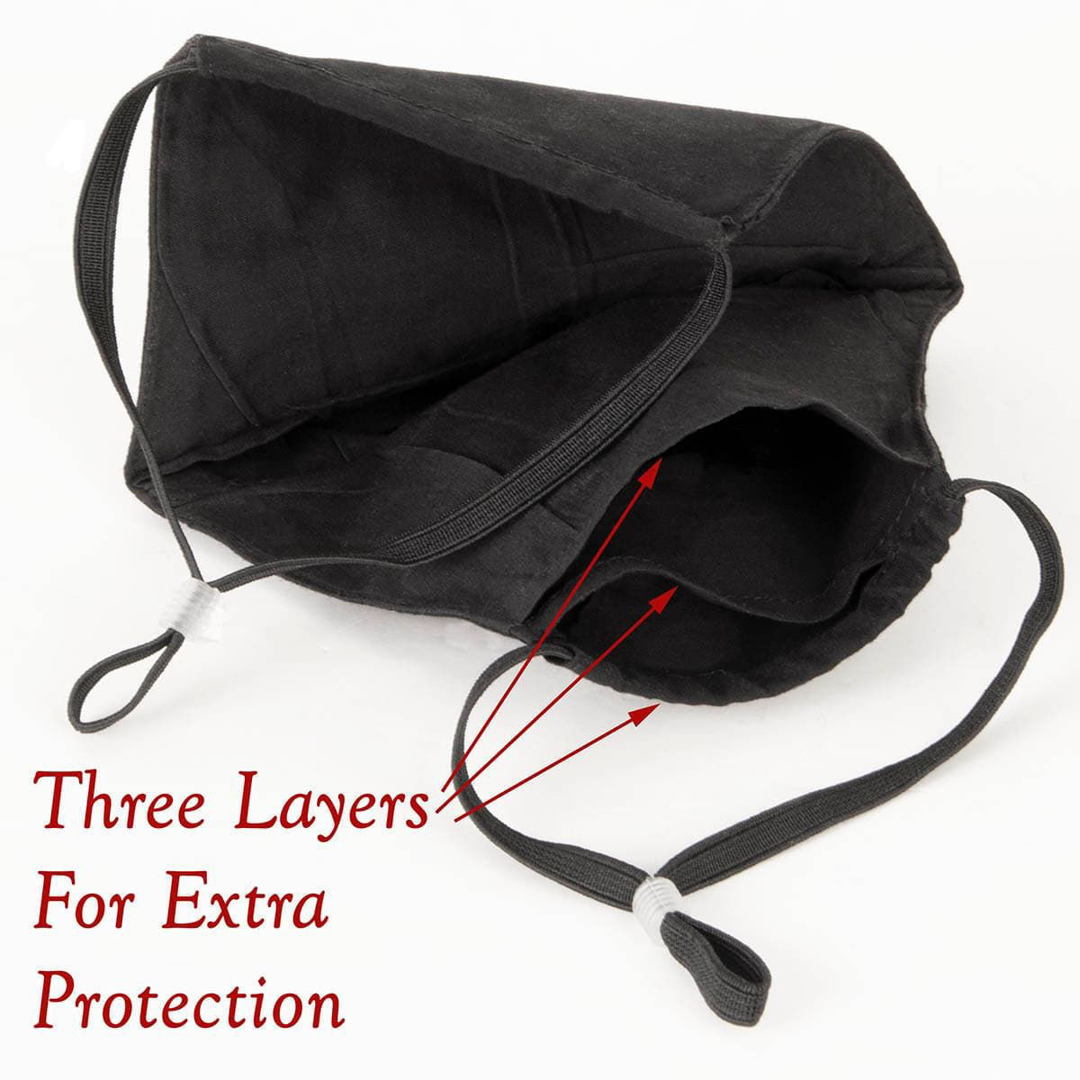 Black Cotton Face Mask has adjustable straps and 3 layers with a pocket for disposable filter