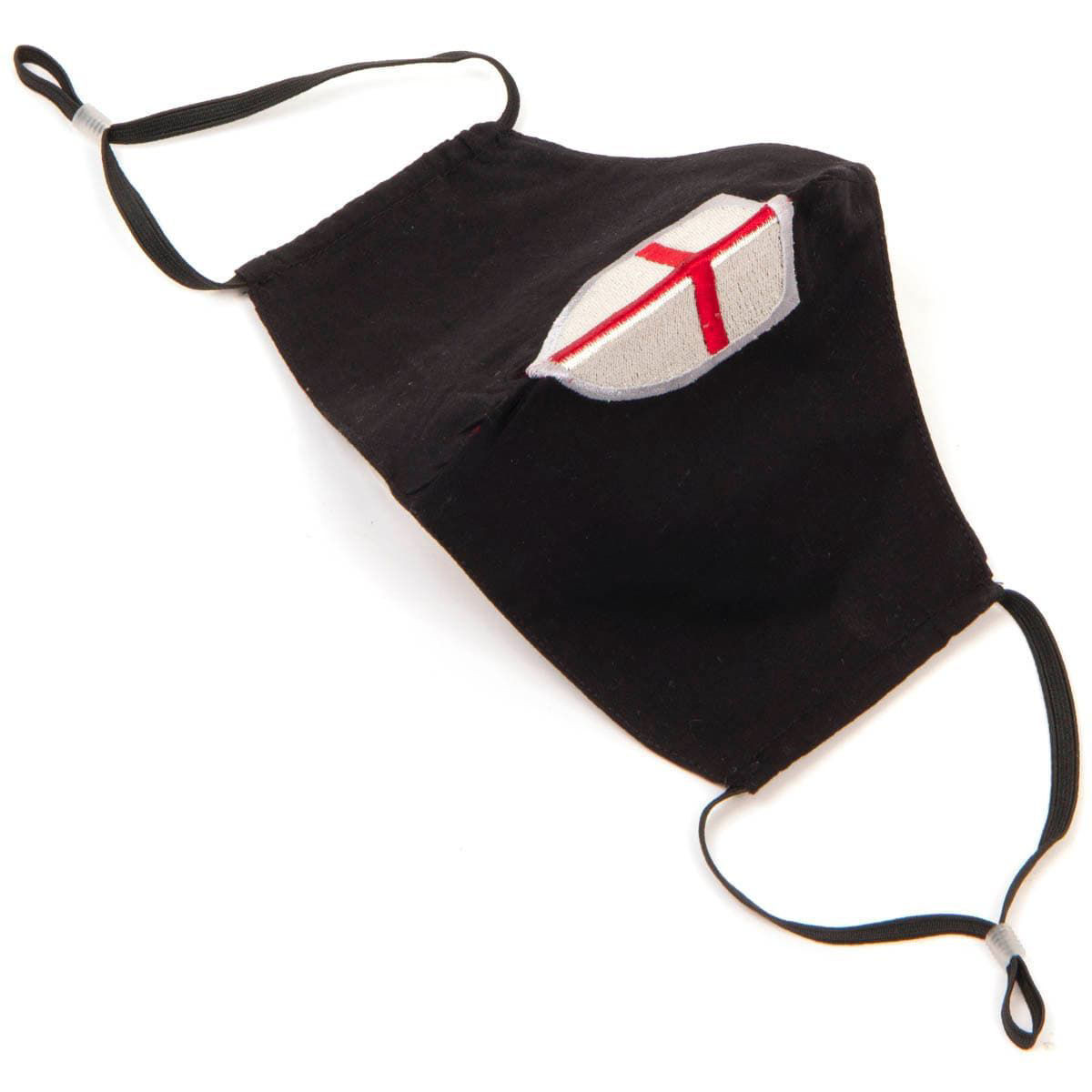 Black Cotton Face Mask with silk embroidered Crusader Shield, adjustable straps and pocket for disposable filter