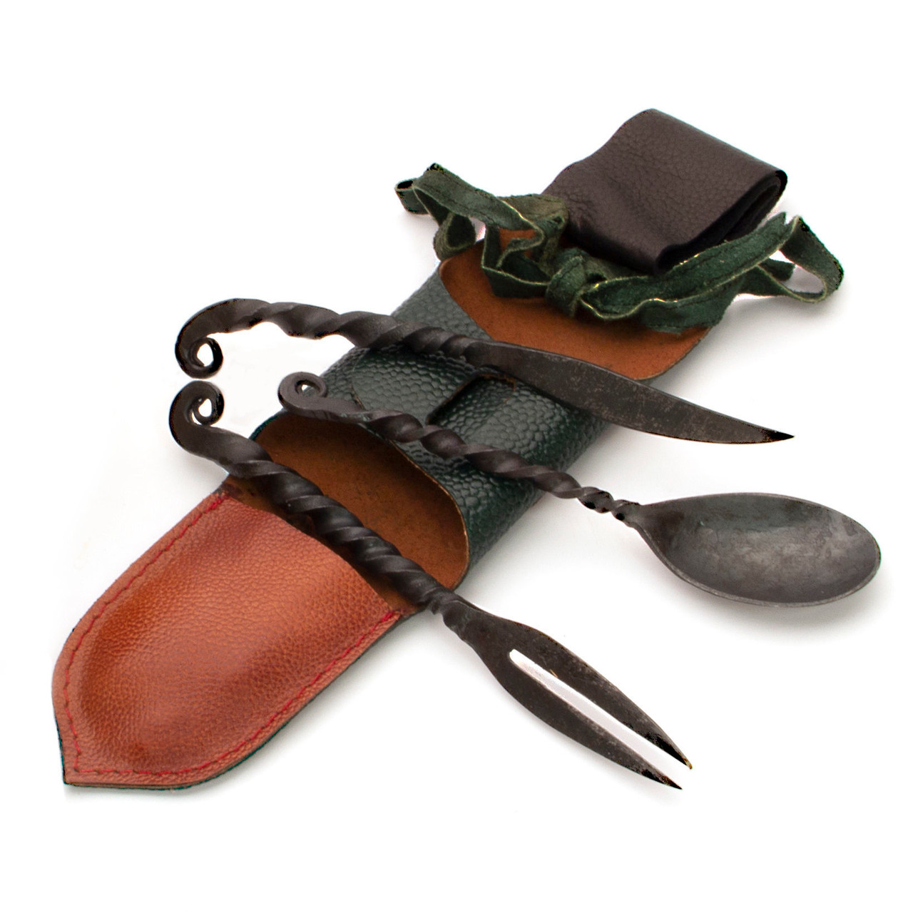 Feasting Utensils with Blacksmiths Twist and Leather Belt Pouch from Viking Celebration Kit