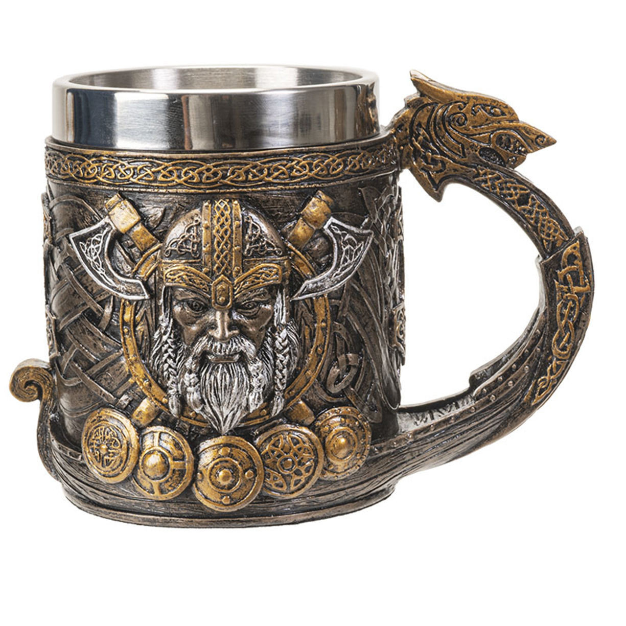 cold-cast resin Viking Longship Mug is hand painted with axes and knotwork to look like metal, stainless steel insert inside