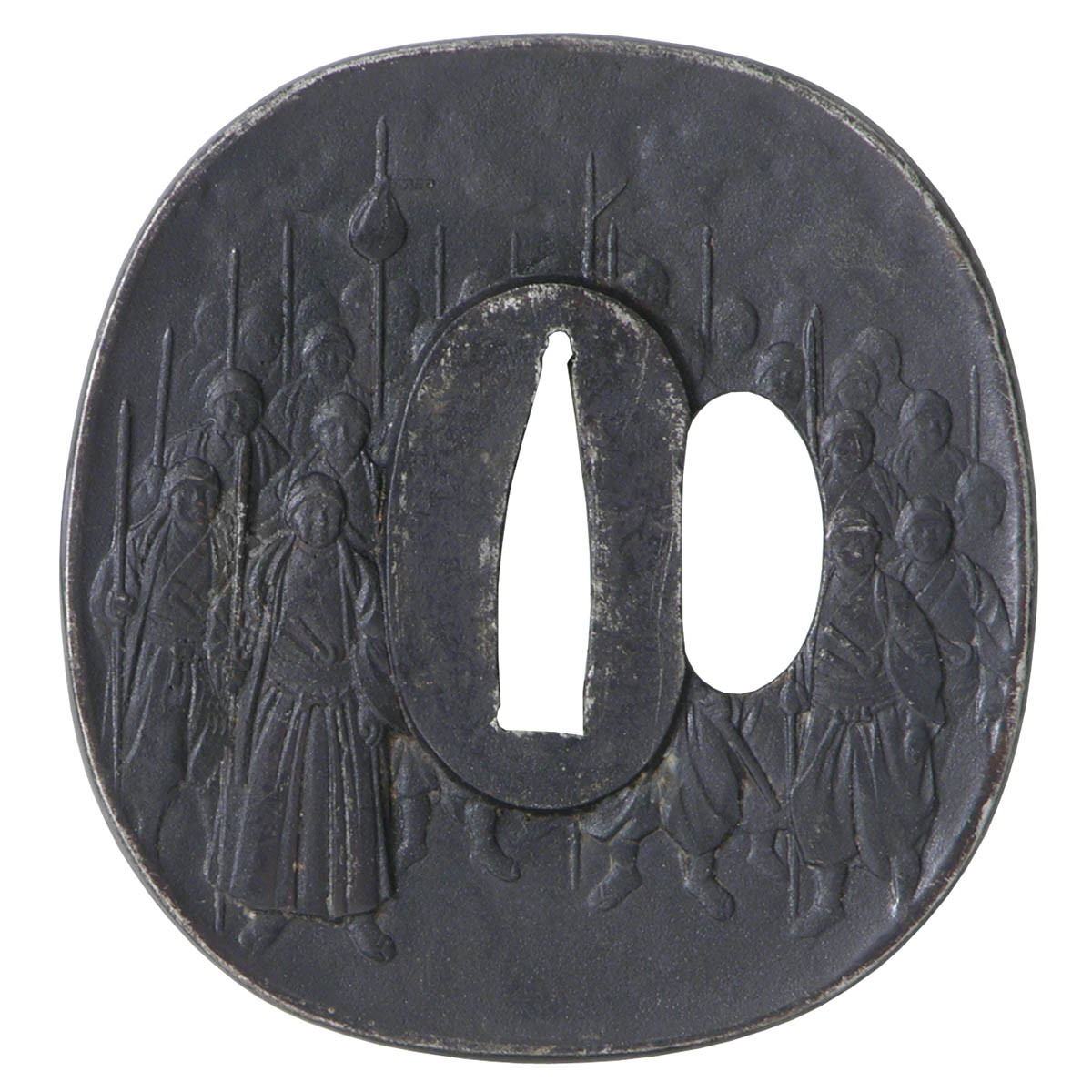 Ronin Katana by Hanwei Paul Chen with blackened iron tsuba depicting Asano’s followers on their vengeful march against Kira