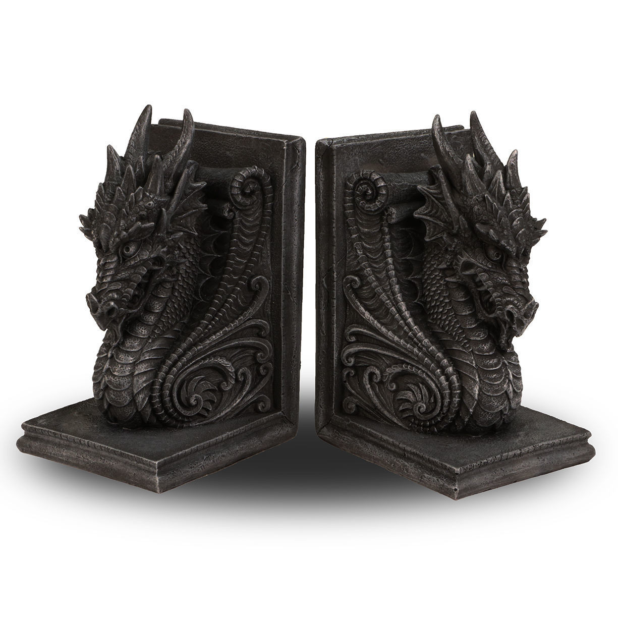 set of two horned dragon bookends, cast in resin and hand-painted to look like antique stone