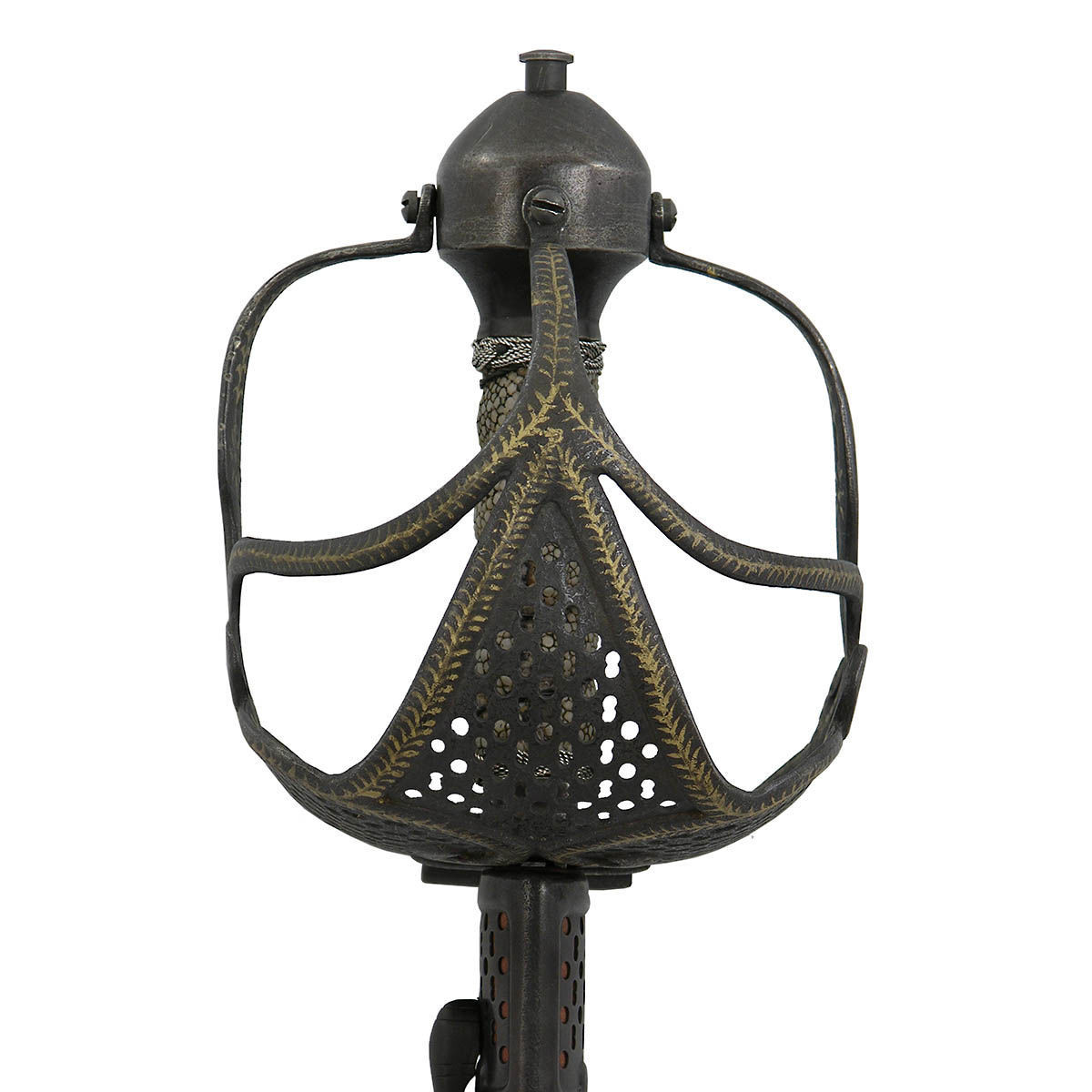 Cromwell Sword has blackened guard decorated in a gold foliage pattern with a wire-wound sharkskin grip