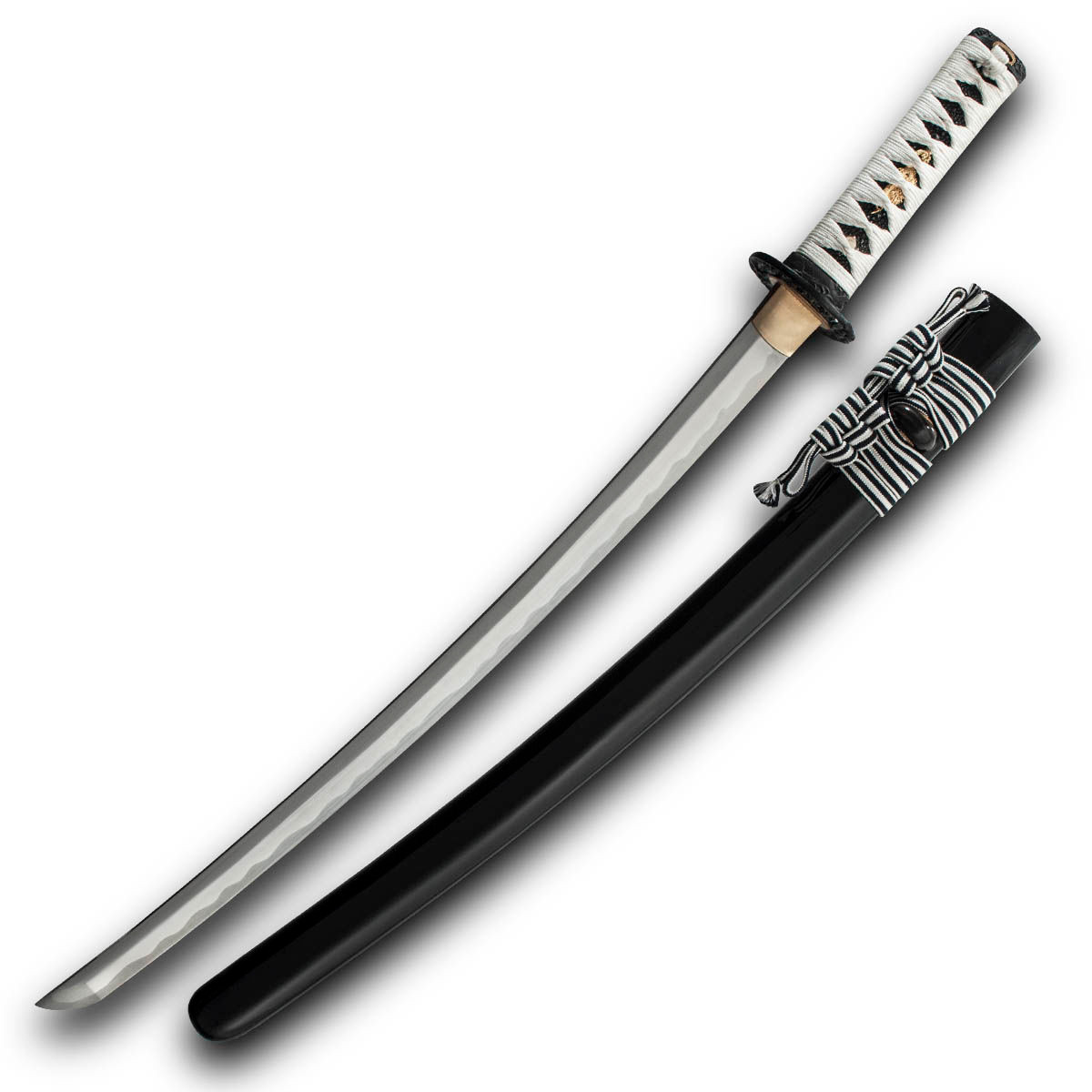 Koi Wakizashi has hand-forged T10 high-carbon steel blade and black lacquered saya with black and white striped cotton sageo
