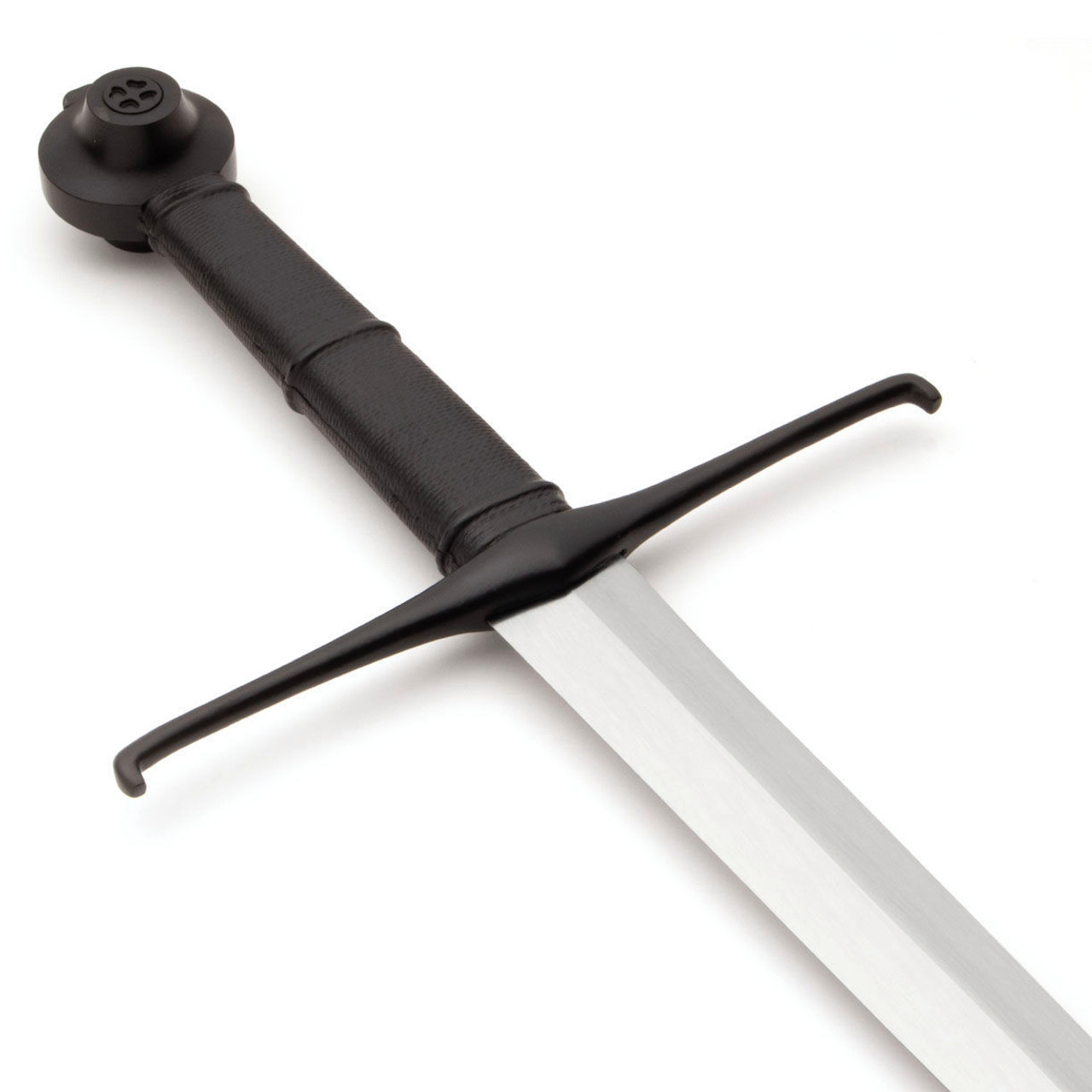 Windlass Black Prince Medieval Sword has a round pommel, leather wrapped grip and straight quillons with a downturn