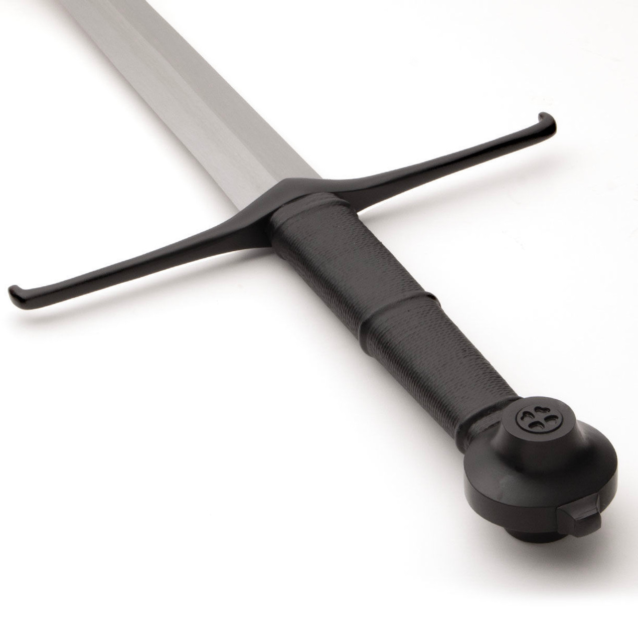 Windlass Black Prince Medieval Sword has sharp high carbon steel blade, includes leather scabbard with metal throat and chape