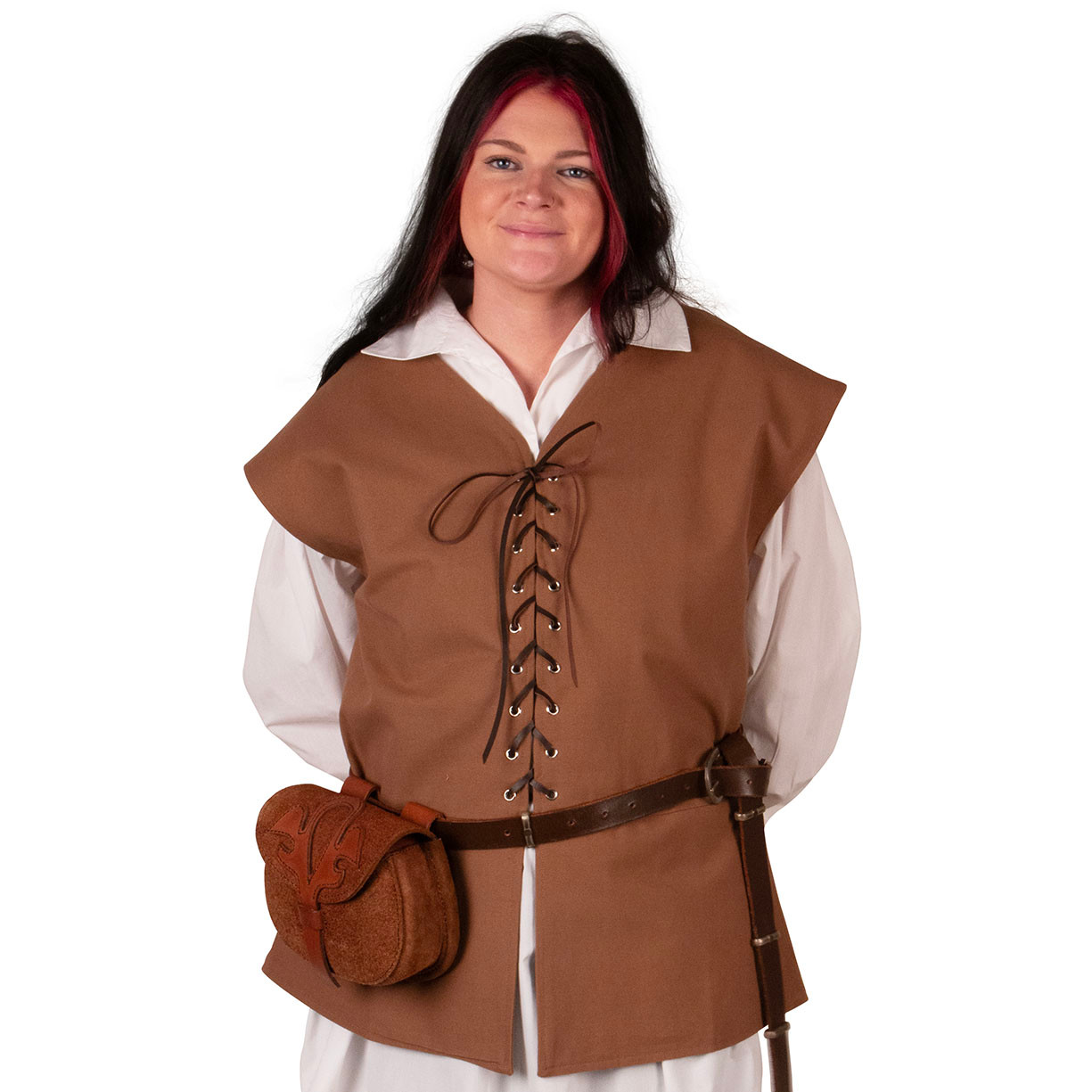 medieval vest brown cotton duck jerkin appropriate for Renaissance and Pirate ensembles, looks good on men and women