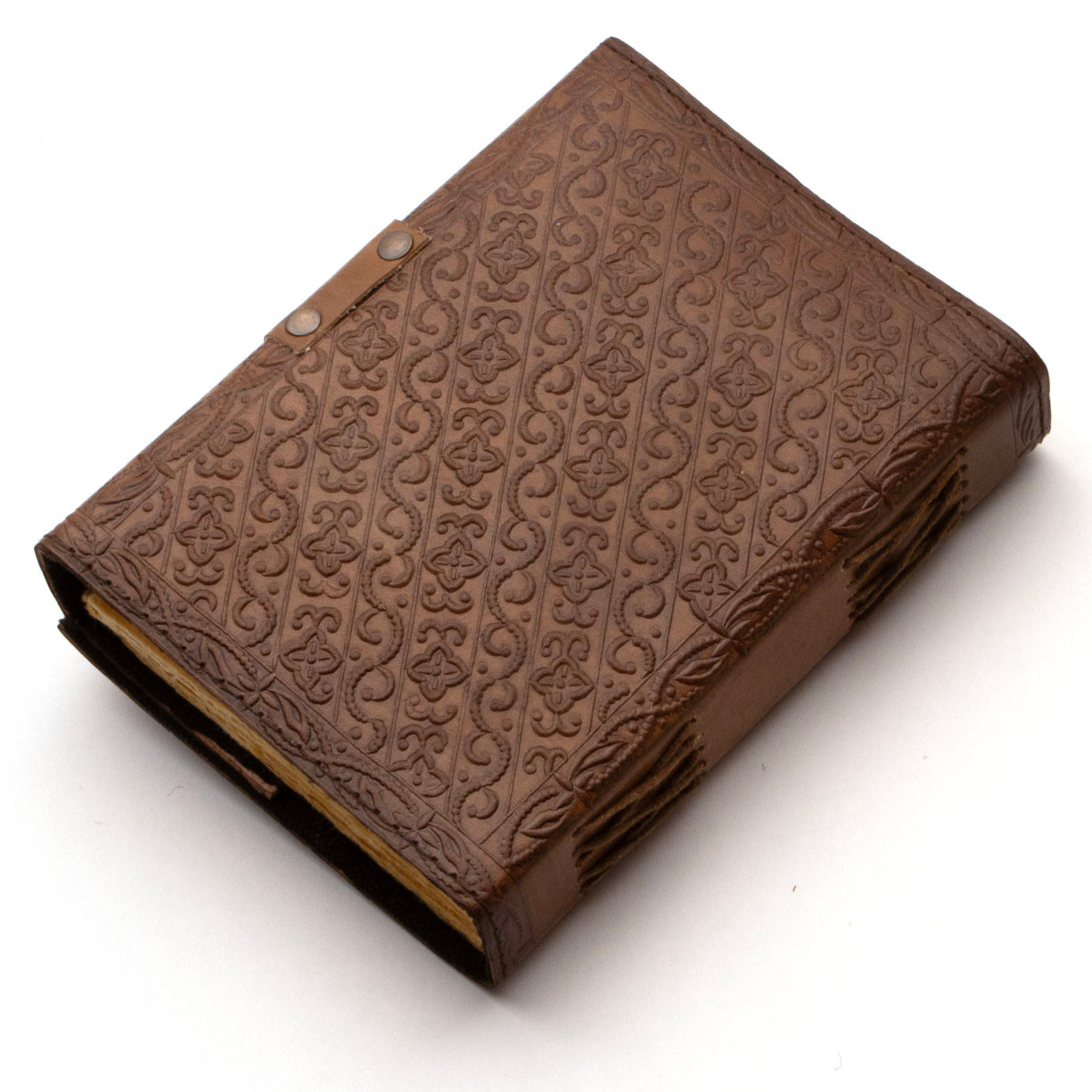dragon head leather journal has embossed back cover and accent stitching on the spine