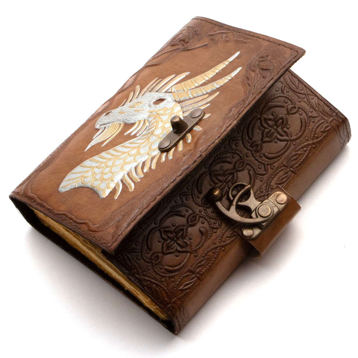 dragon head leather journal embossed back cover wraps to the front, protecting the edges of the handmade, aged linen parchment paper