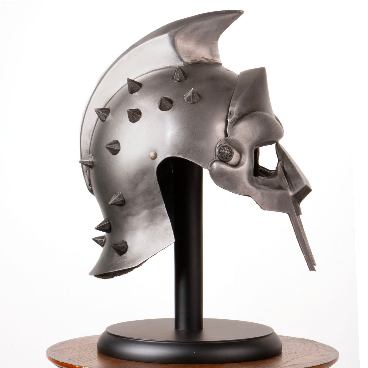 this fearsome 18 gauge steel helmet is designed to intimidate an opponent, especially the array of spikes lining the sides