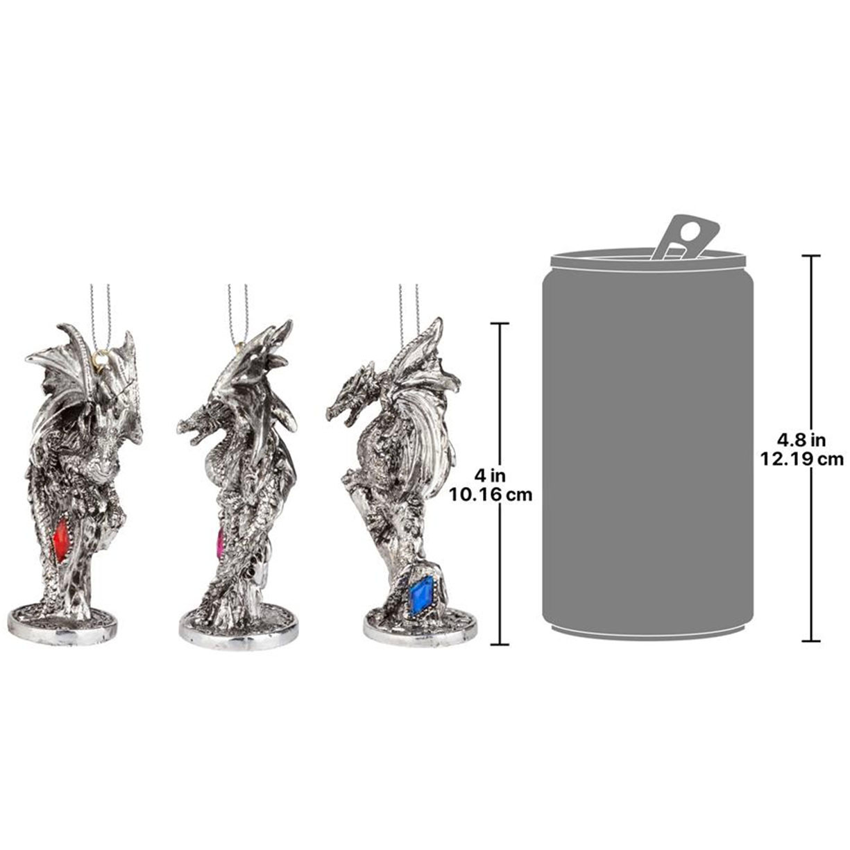 set of 3 silver dragon ornaments, each has a faceted faux gemstone that sparkles in the light