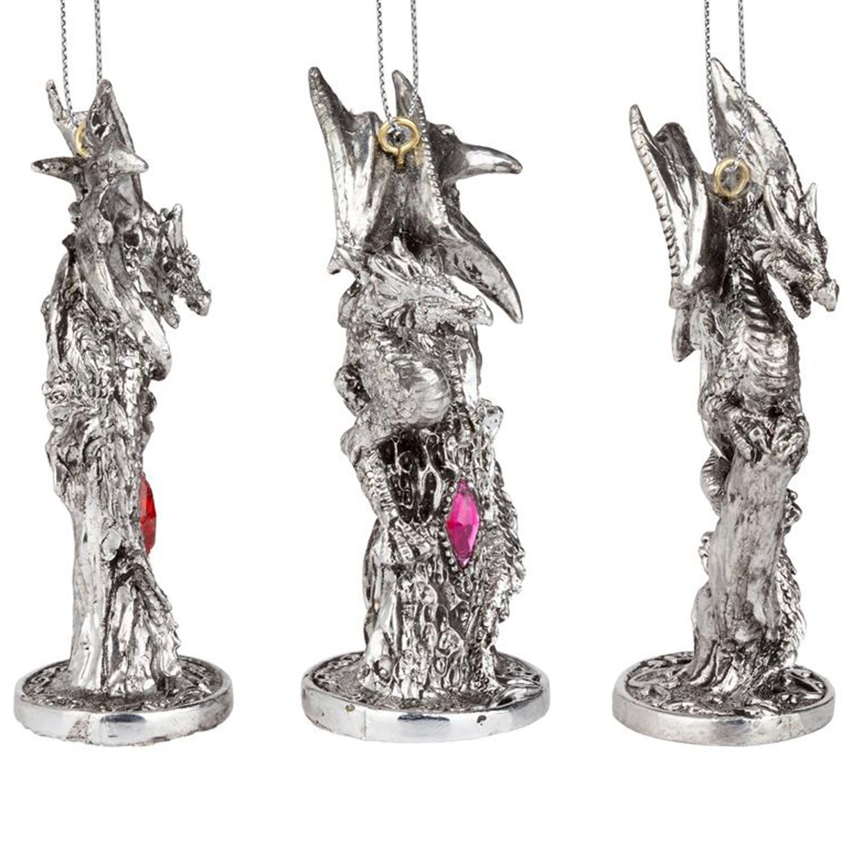 set of 3 silver dragon ornaments, each has a faceted faux gemstone that sparkles in the light