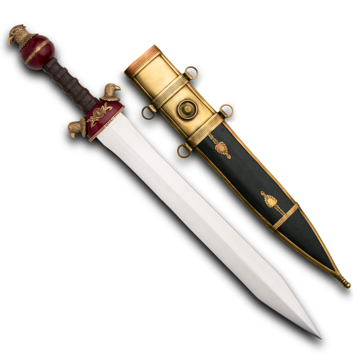 Roman Eagle Gladius has 1075 carbon steel blade and comes with ornate scabbard