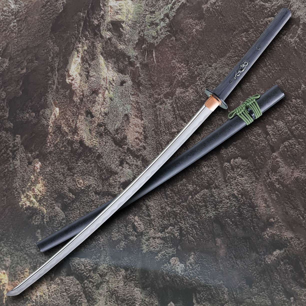 Modern Katana Bo-hi by Dragon King with deep fullers on the high carbon steel blade and modern polymer scabbard / saya