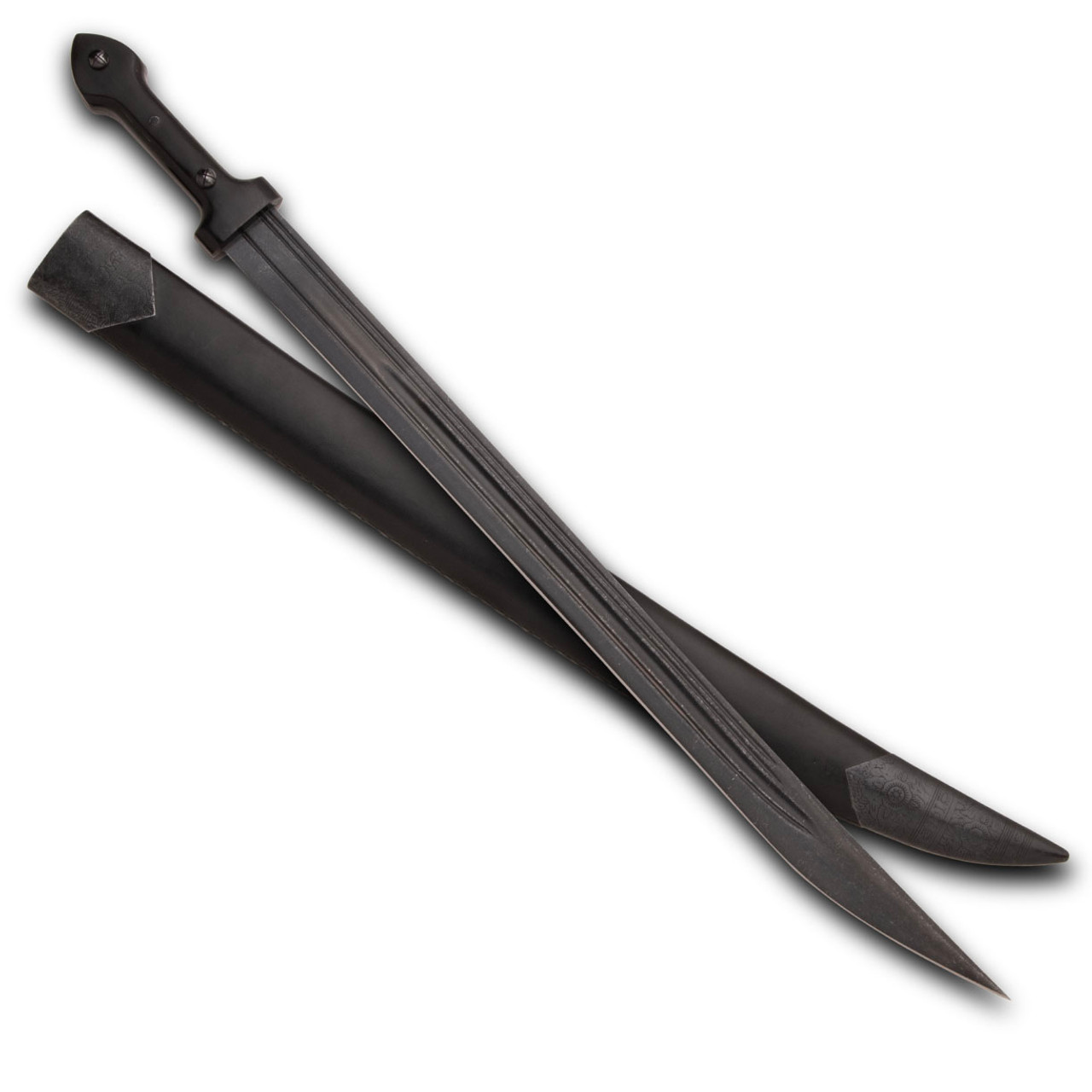 Windlass Battlecry Kindjal Short Sword with darkened, sharp high carbon steel blade and leather scabbard