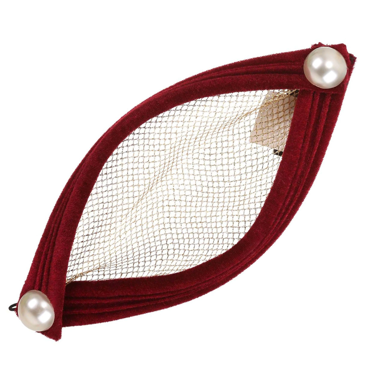 Juliet hat has gold netting trimmed with stiffened, dark red velvet, faux pearl buttons anchor each side
