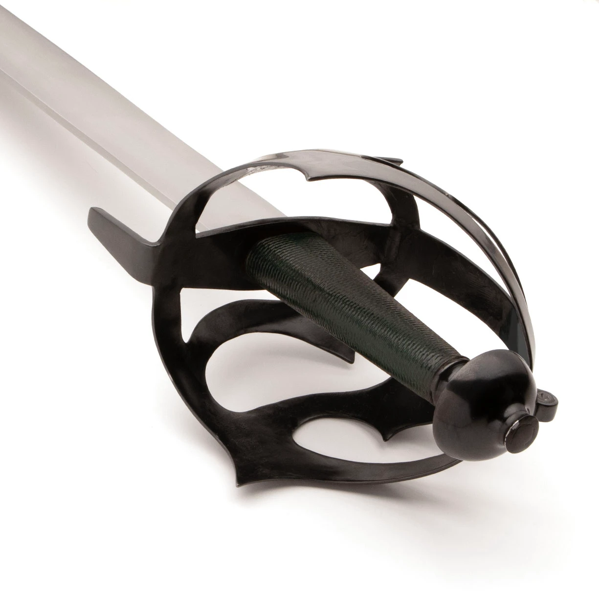 Windlass Heritage Series Pirate Cutlass has a steel basket, green leather covered wood grip