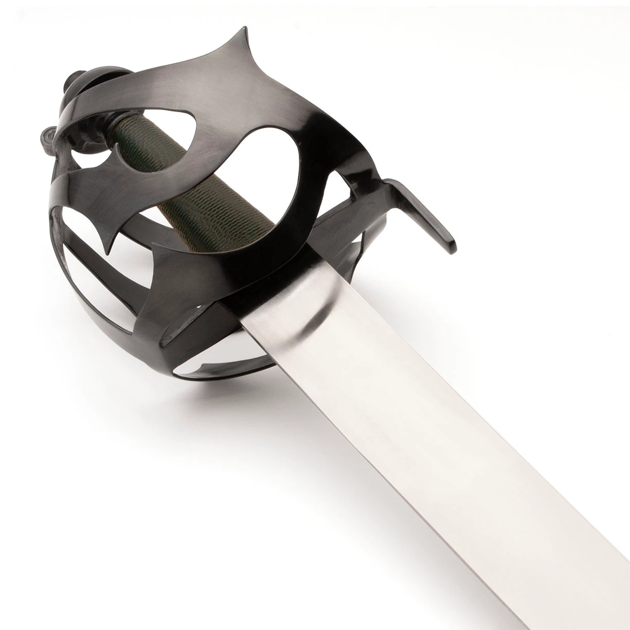 Windlass Heritage Series Pirate Cutlass has a steel basket, green leather covered wood grip