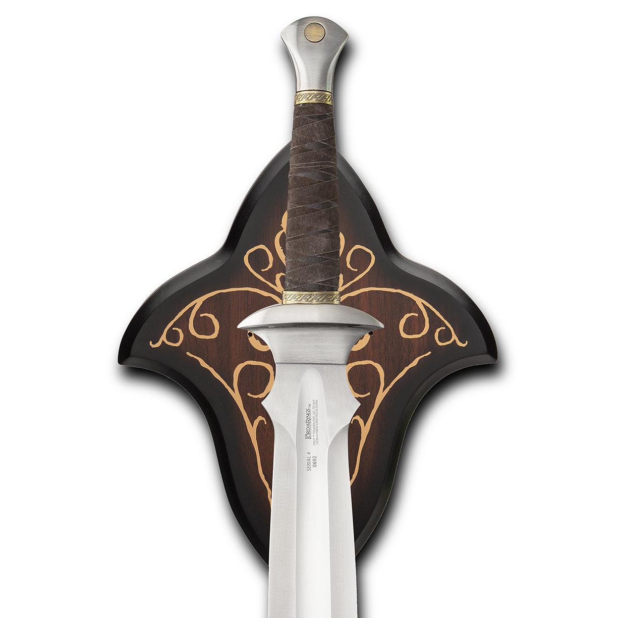 LOTR prop replica Sword of Samwise has a stainless steel blade, cast metal crossguard and pommel, includes wood display plaque