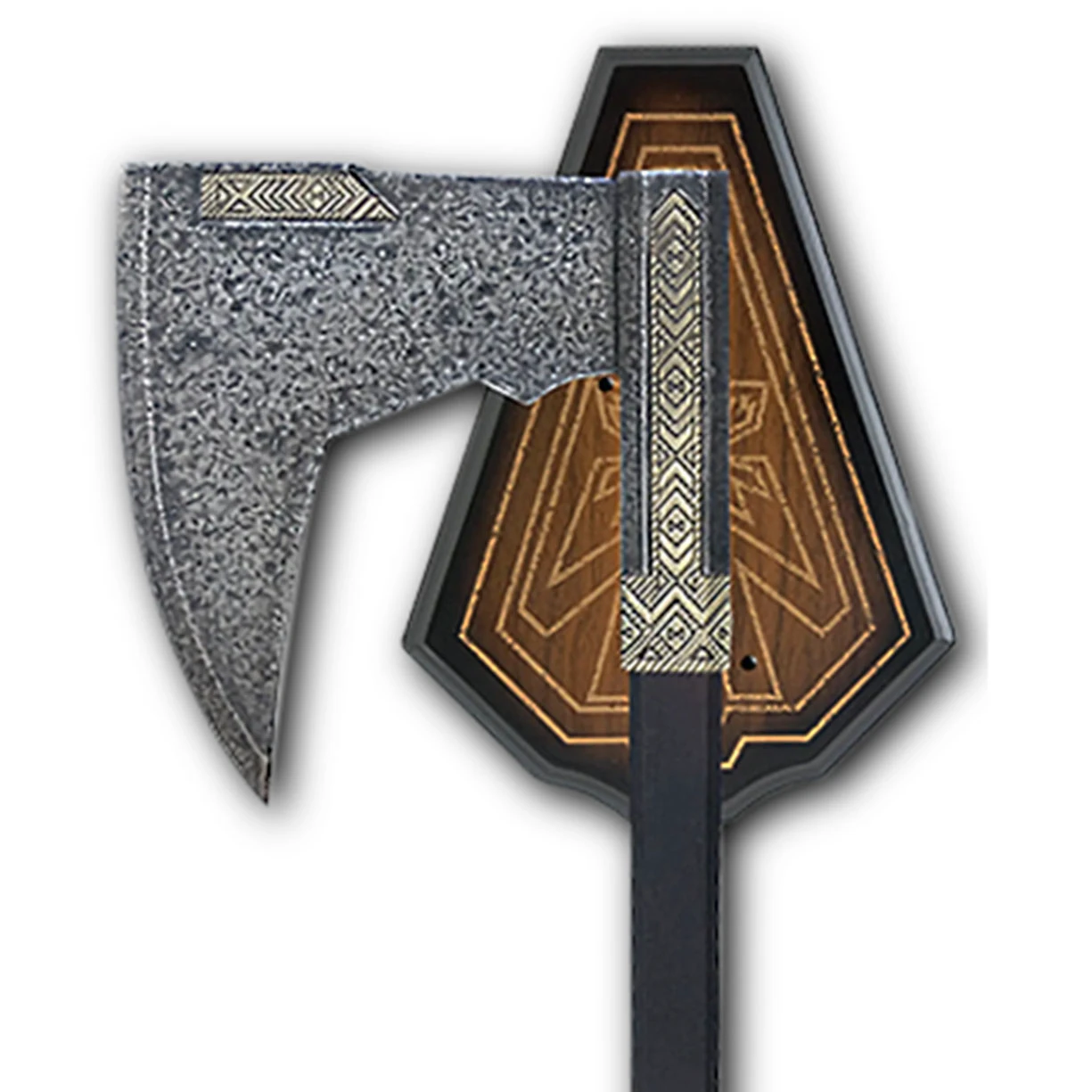 Bearded Axe of Gimli has stainless steel blade, brass engraved decorations and weathered steel finish, includes display plaque