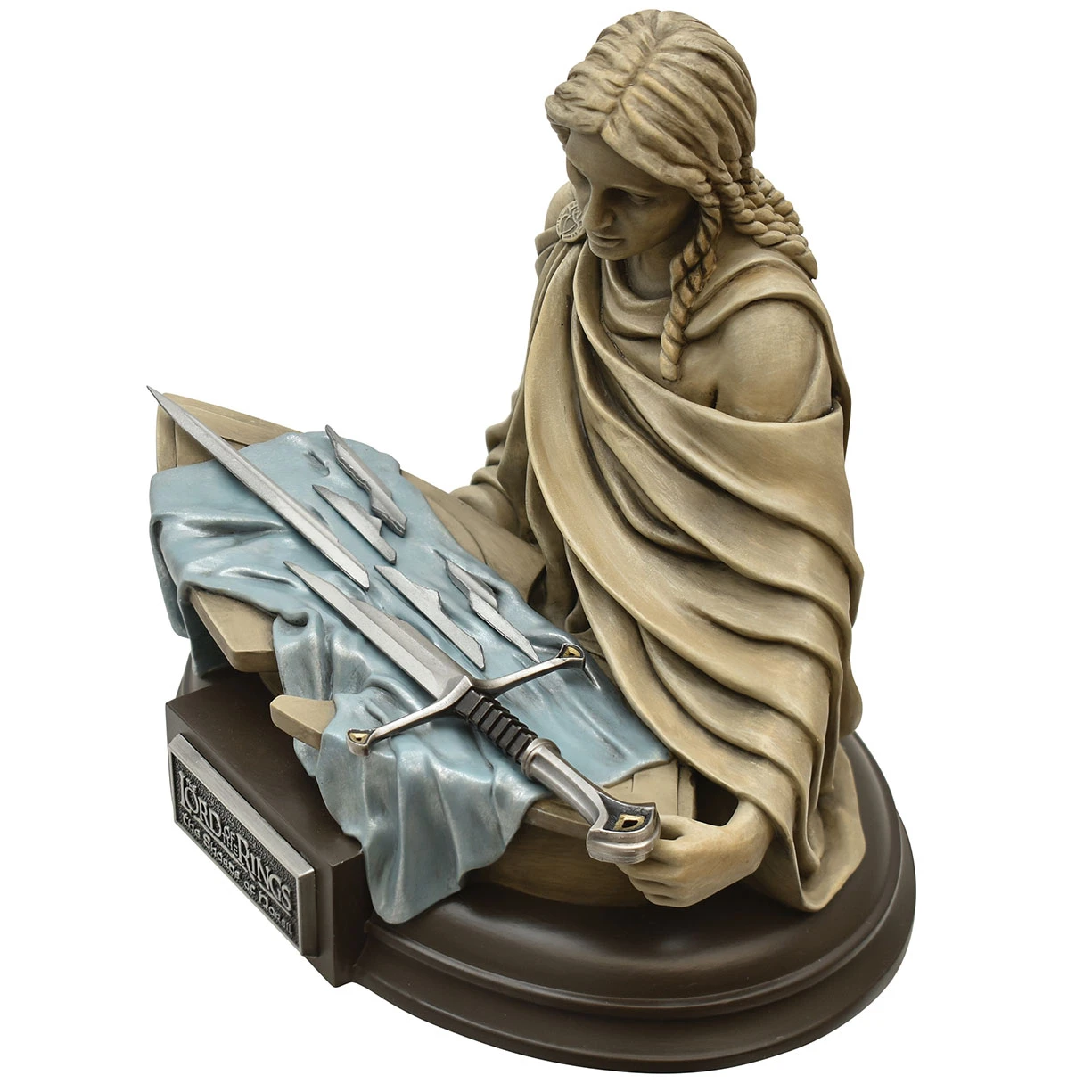 hand painted licensed statue of Elven Princess cradles shield holding shattered remains of LOTR Narsil sword