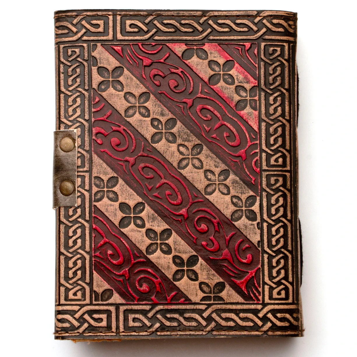 back of red double dragon leather journal has embossed details
