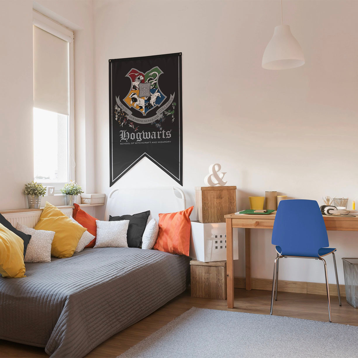 extra large Officially Licensed Harry Potter banner printed on one side with Hogwarts crest and motto