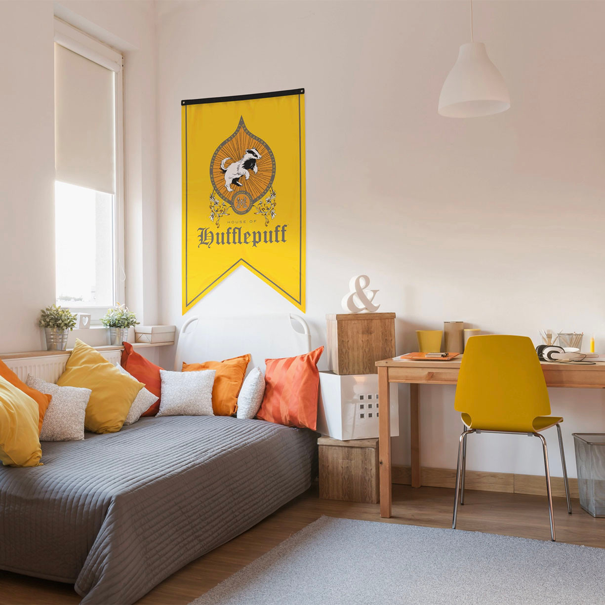 Officially Licensed Harry Potter Hufflepuff House banner showing badger representing hard work, loyalty and tenacity