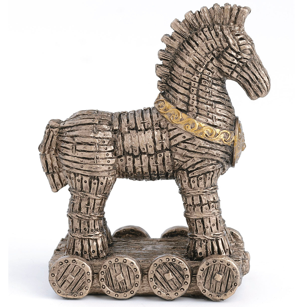 Miniature polystone Trojan Horse statue with bronze finish is the perfect size to display on shelves