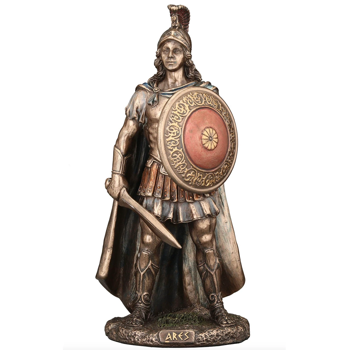 small bronze cold cast resin statue has colored accents, depicts Ares in a plumed helmet with a shield and sheathed gladius