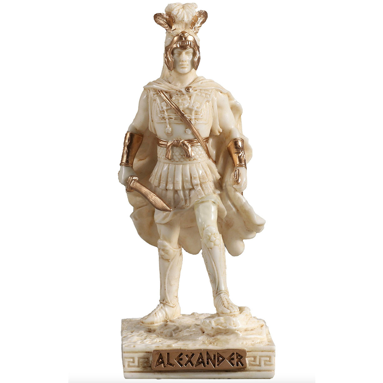 Small statue of Alexander the Great crafted in Polystone with hand painted gold details