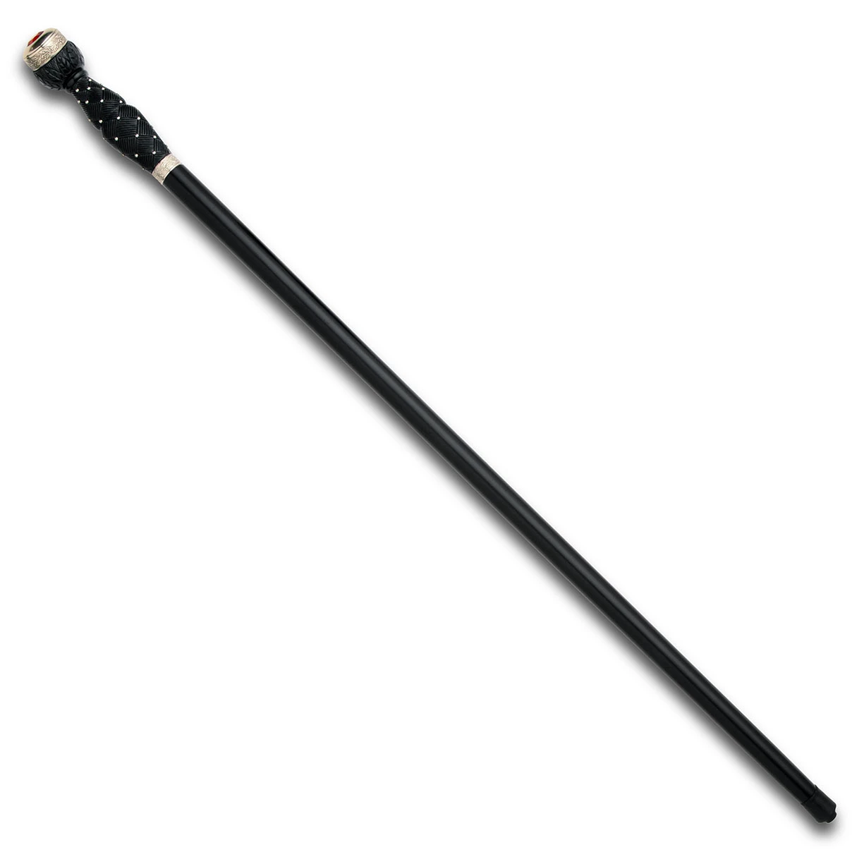 Scottish Sword Stick Walking Cane has engraved blade hidden inside, carved handle has silver pommel with faux topaz on top