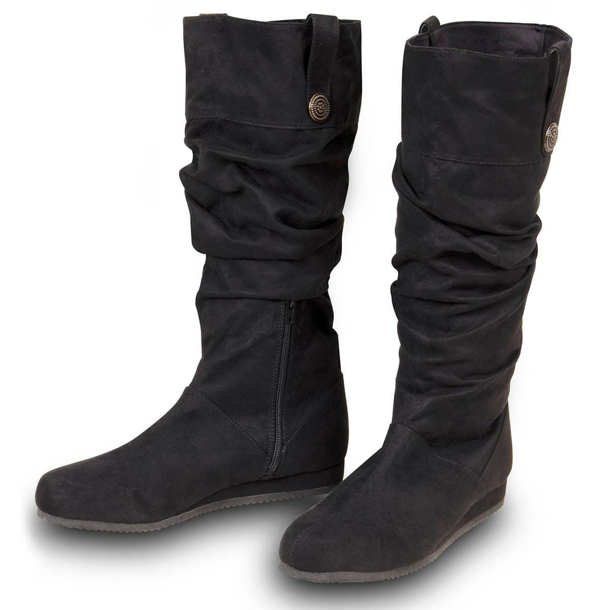 black Sherwood Slouched faux suede pull on boots with rubber sole and heel for costumes from Medieval through the Renaissance