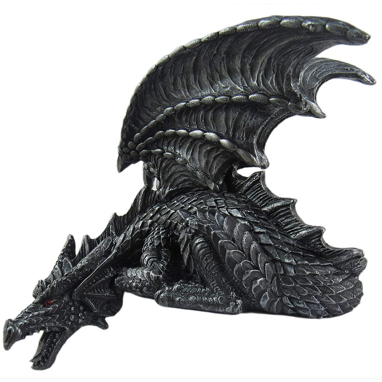 Silent Sentinel Dragon Shelf Sitter has intimidating red eyes and realistically sculpted details, hand painted polyresin 