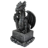 side view of one in set of four medieval dragons, has motivational quote Slay Your Demons, hand painted poly resin with red eyes