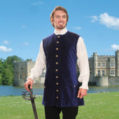 blue cotton velvet Barbary Coast Pirate Vest is satin-lined, ornate gold buttons down front, adjustable cinch back belt