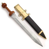 replica Pompeii Gladius includes a leather-covered wood scabbard with a brass throat and tip