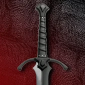 Blacksword fantasy war sword with blued, fully tempered 1080 high carbon steel blade, leather-wrapped wood grip, black parts