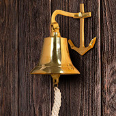 polished solid brass bell with anchor-shaped wall mount bracket and rich clear tone
