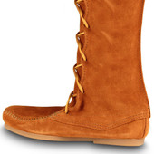 Side View of Minnetonka Medieval Suede Mens Tall Lace Front Boots in Brown Without Fringe