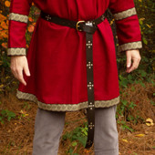 dark brown leather long belt is 74 long with brass buckle, nickel studs adorn the belt, additional holes can be added