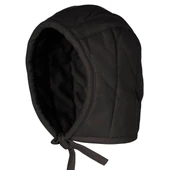 Thickly padded, heavy cotton black arming cap to wear under helmets has tough, thick laces