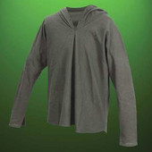 Soft all-cotton, green medieval hooded outlaw shirt has eyelets at the neckline