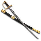 reproduction Confederate Staff & Field Officer's Sword with engraved high carbon steel blade, wire wrapped leather grip, scabbard